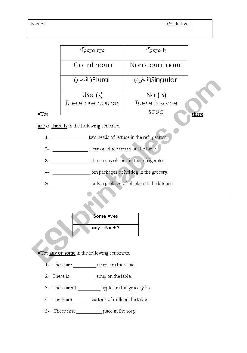 there is,are, some and any worksheet