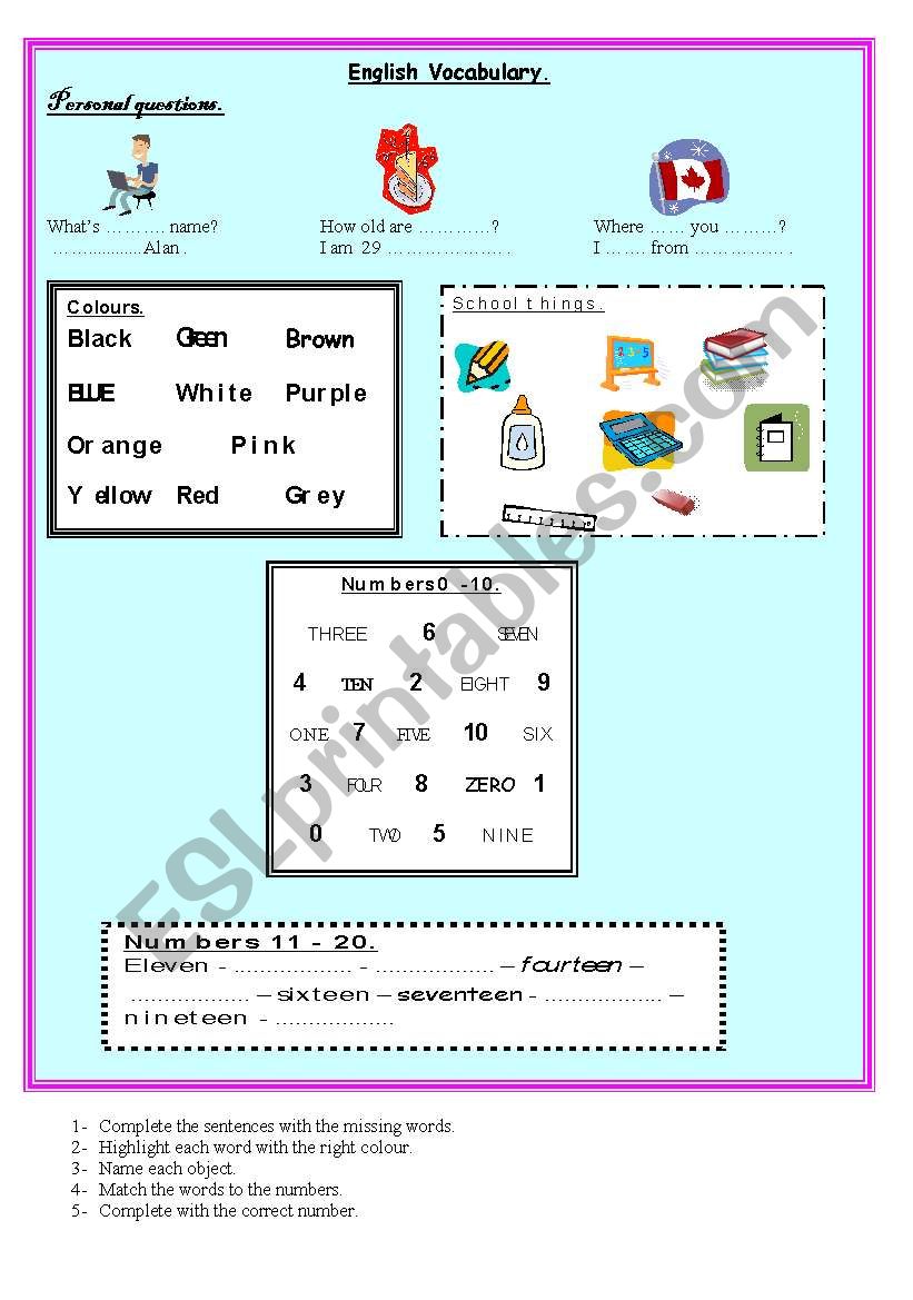 English vocabulary worksheet