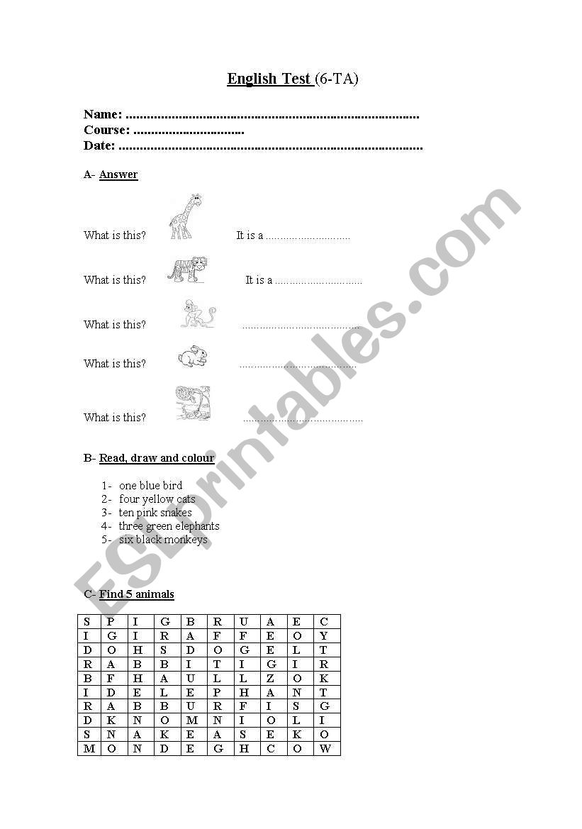 Animals (test) worksheet