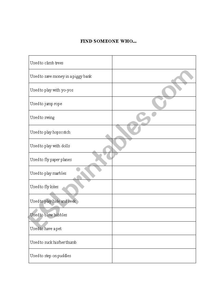 FIND SOMEONE WHO USED TO worksheet
