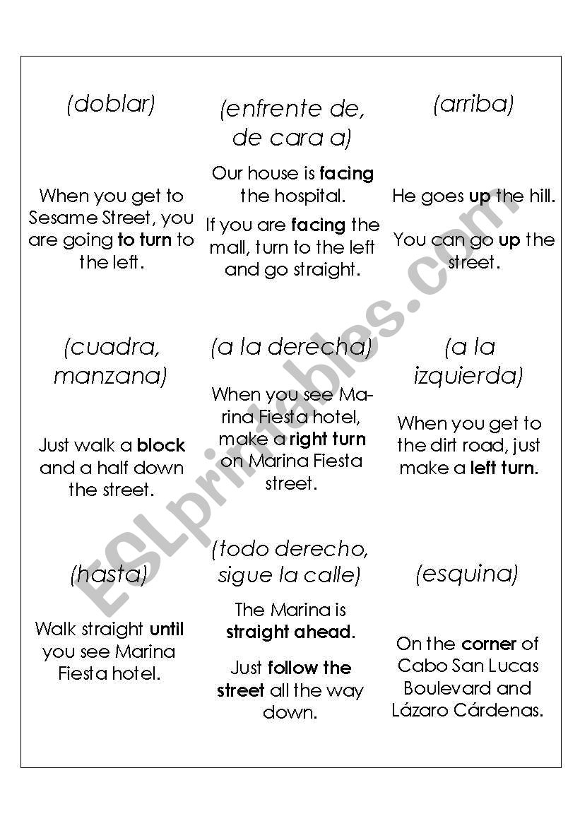 giving directions double sided flashcards