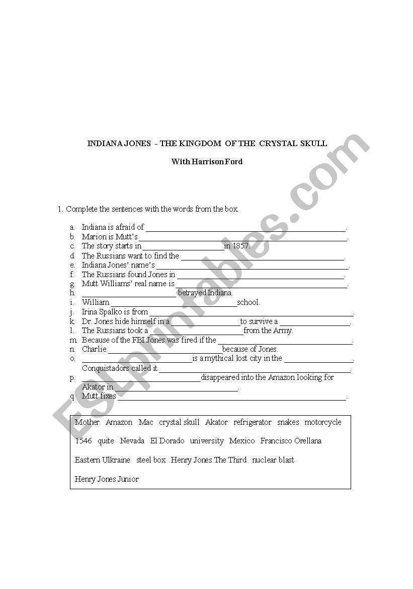 INDIANA JONES worksheet