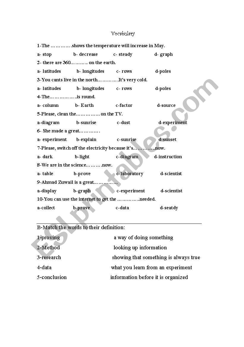 vocabulary and writing test worksheet