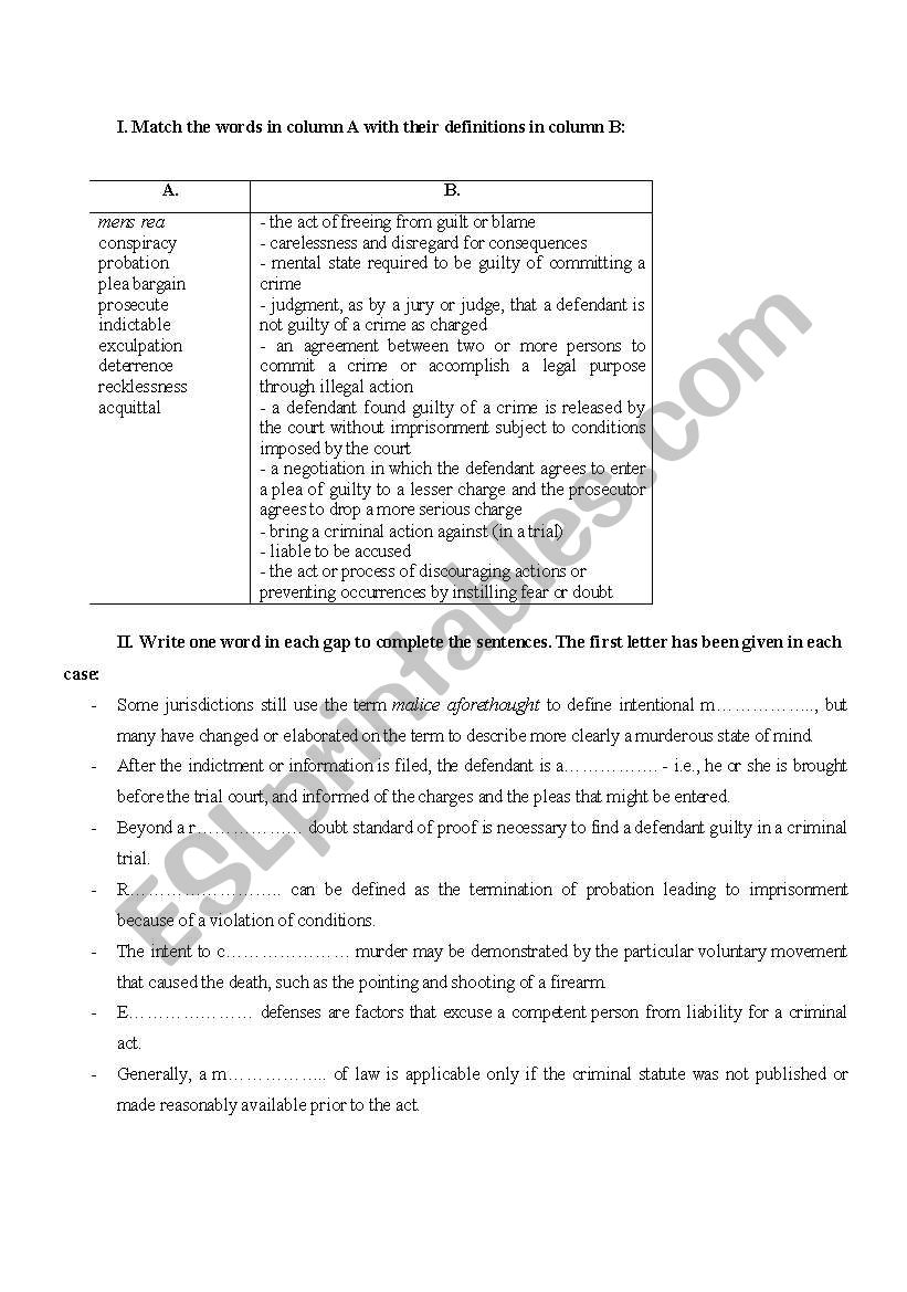 Criminal law  worksheet