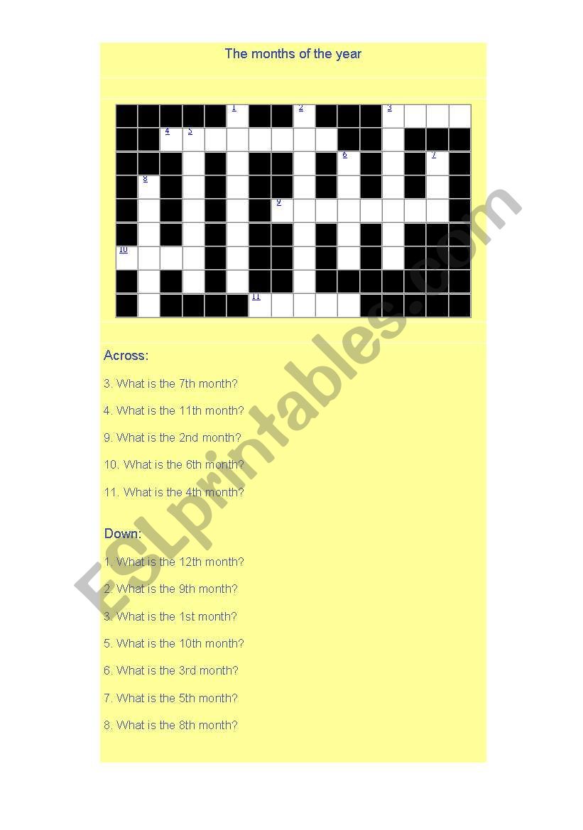 MONTHS OF THE YEAR CROSSWORD worksheet