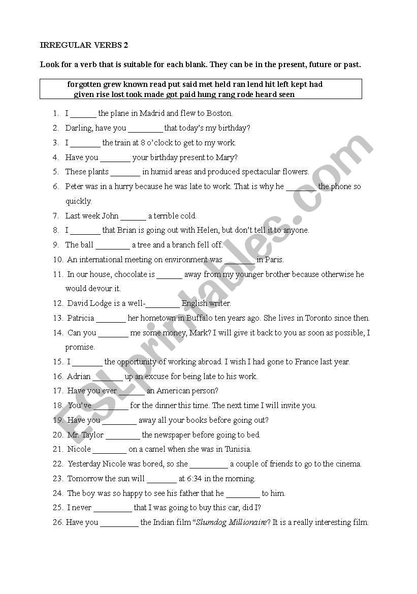 IRREGULAR VERBS 2 worksheet