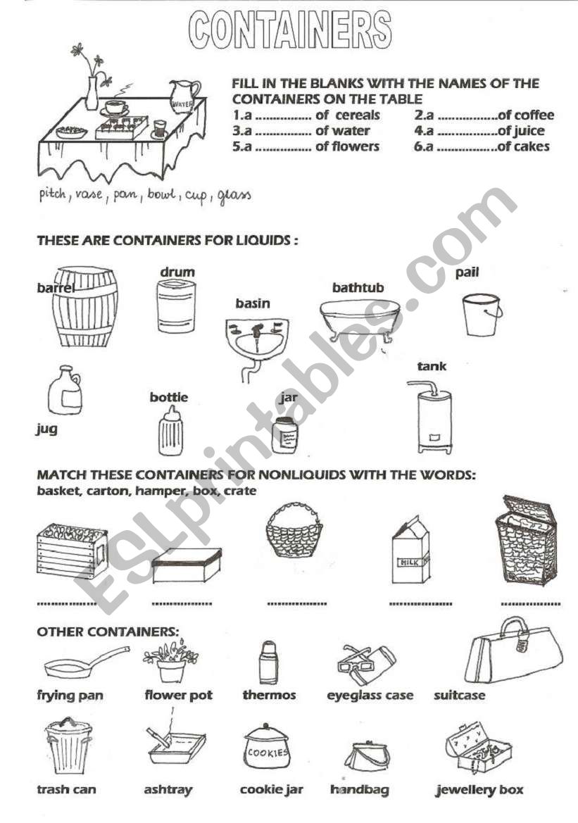 Containers - vocabulary worksheet