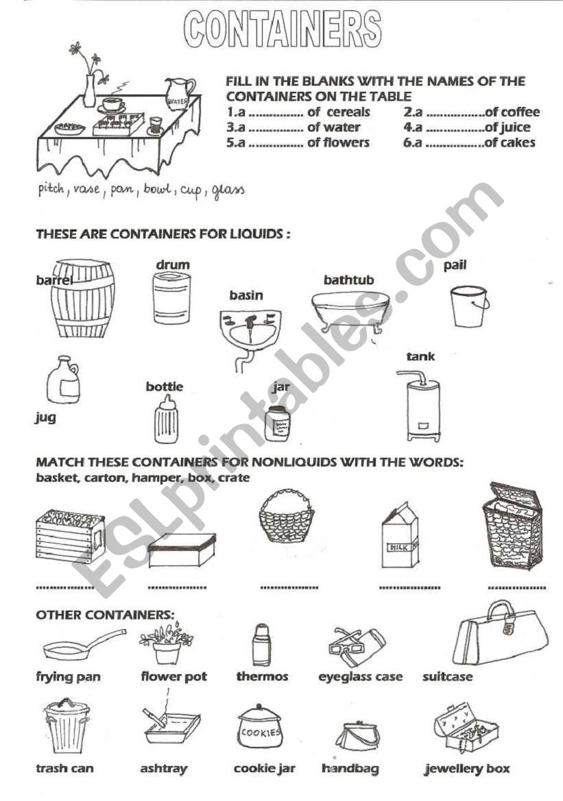 Containers - vocabulary worksheet