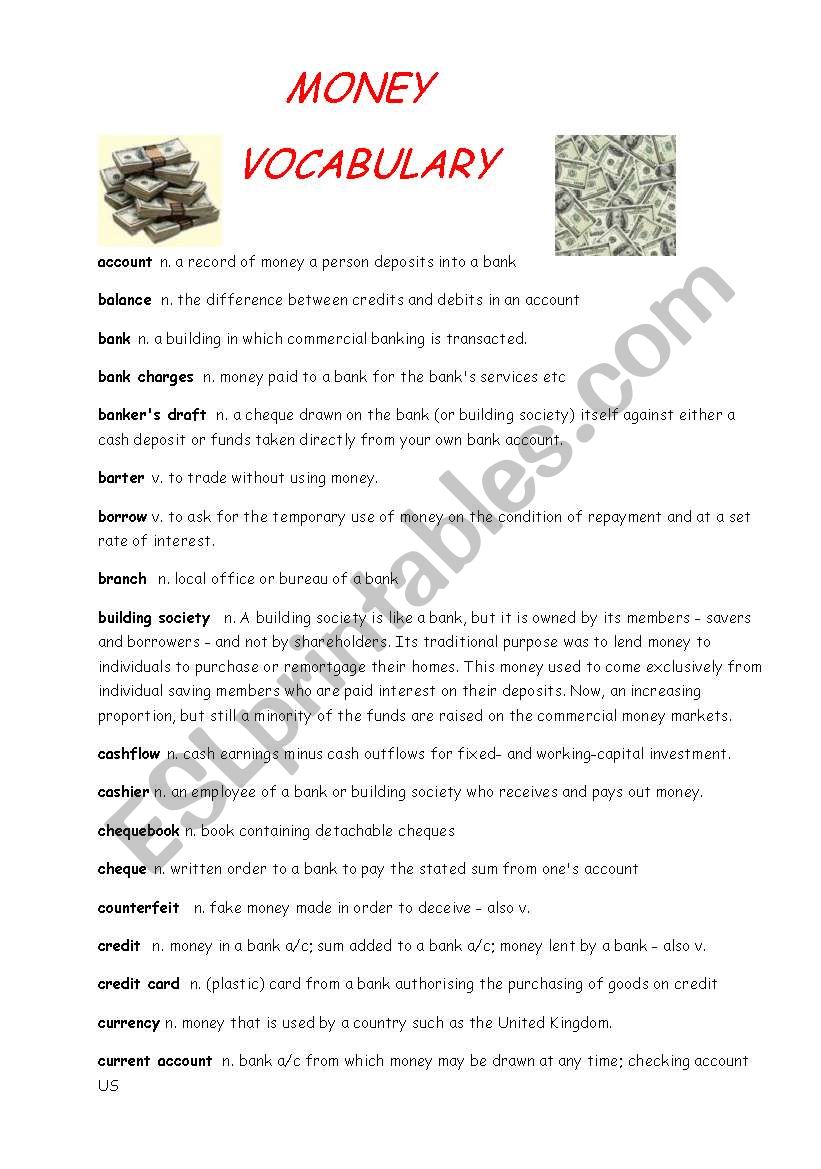 Money vocabulary worksheet