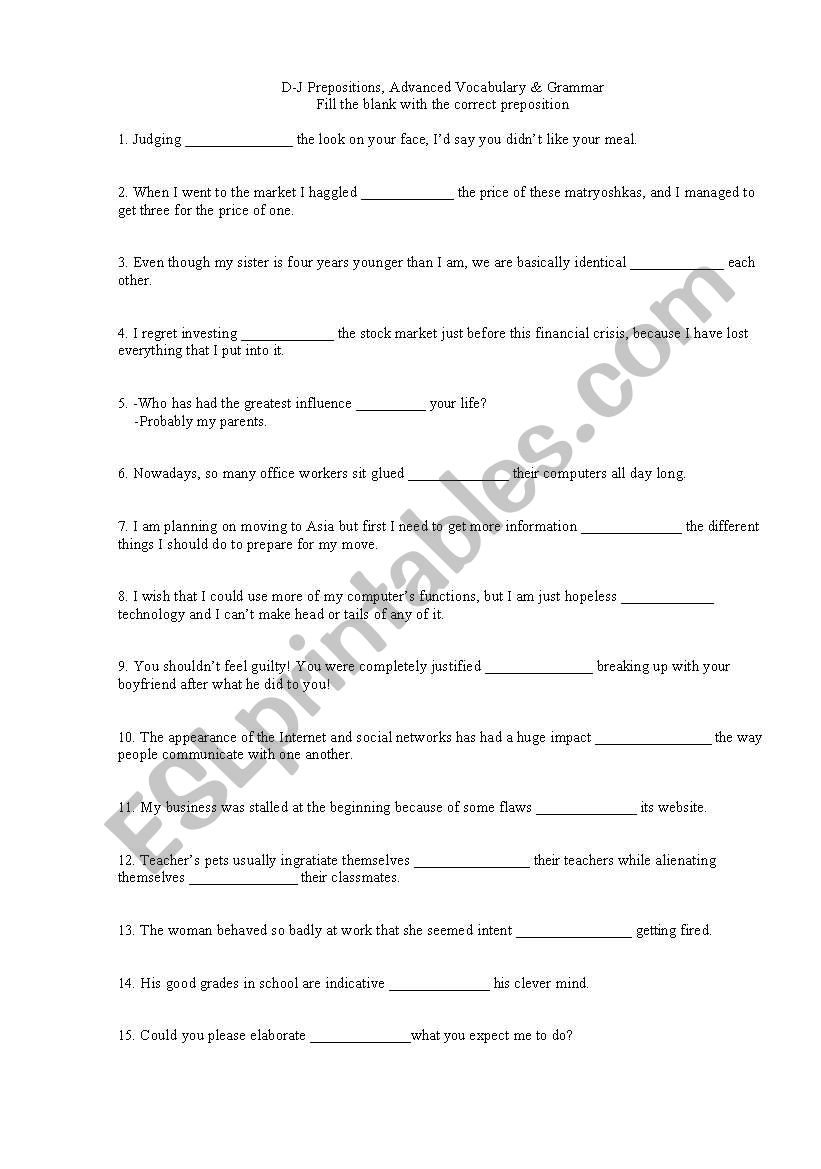Prepositions, advanced level worksheet