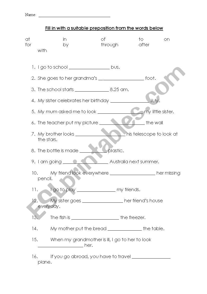 prepositions worksheet