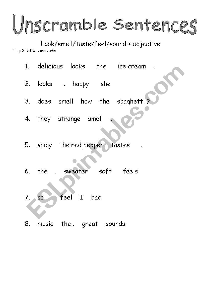 sense verbs - unscramble worksheet