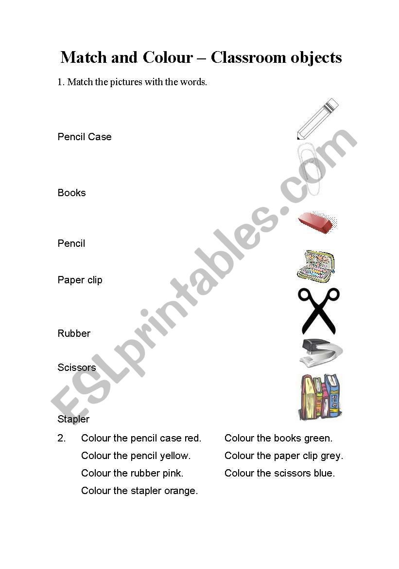 Match and Colour - Classroom objects