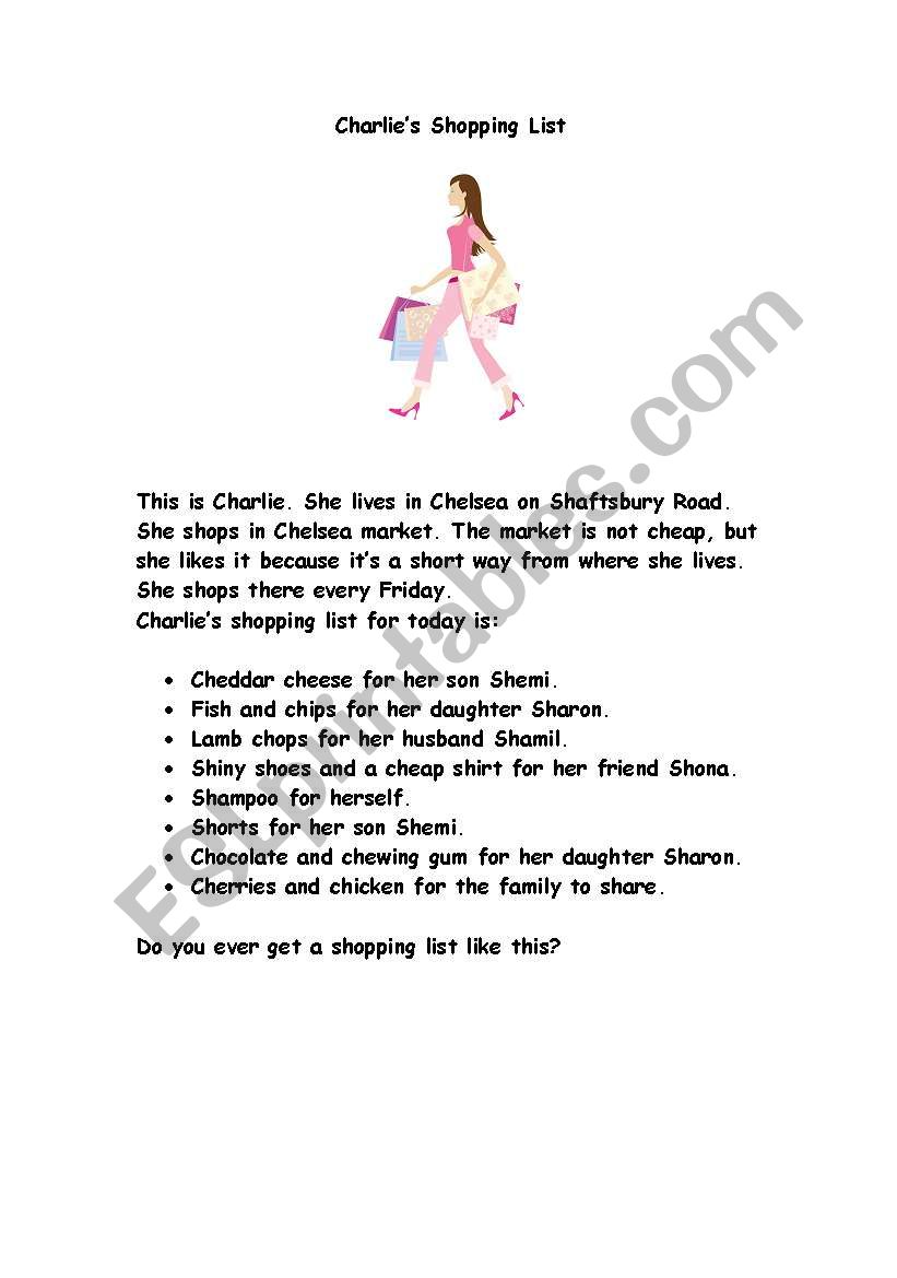Charlies shopping list worksheet