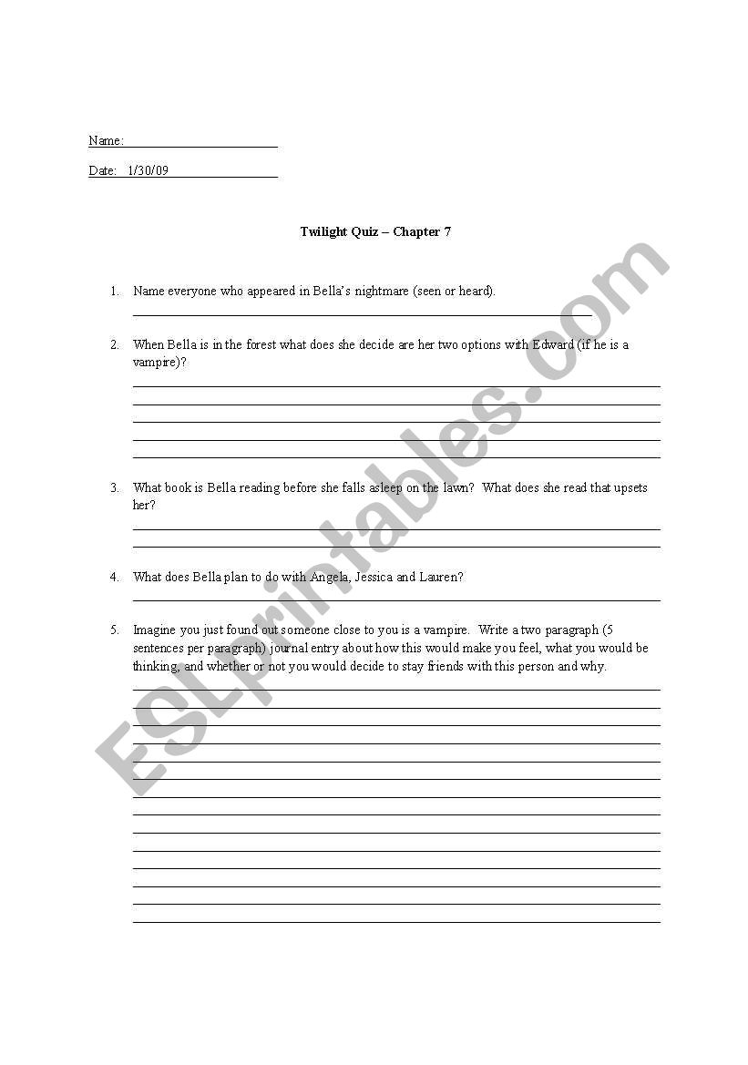 Twilight Book Chapter 7 Quiz worksheet