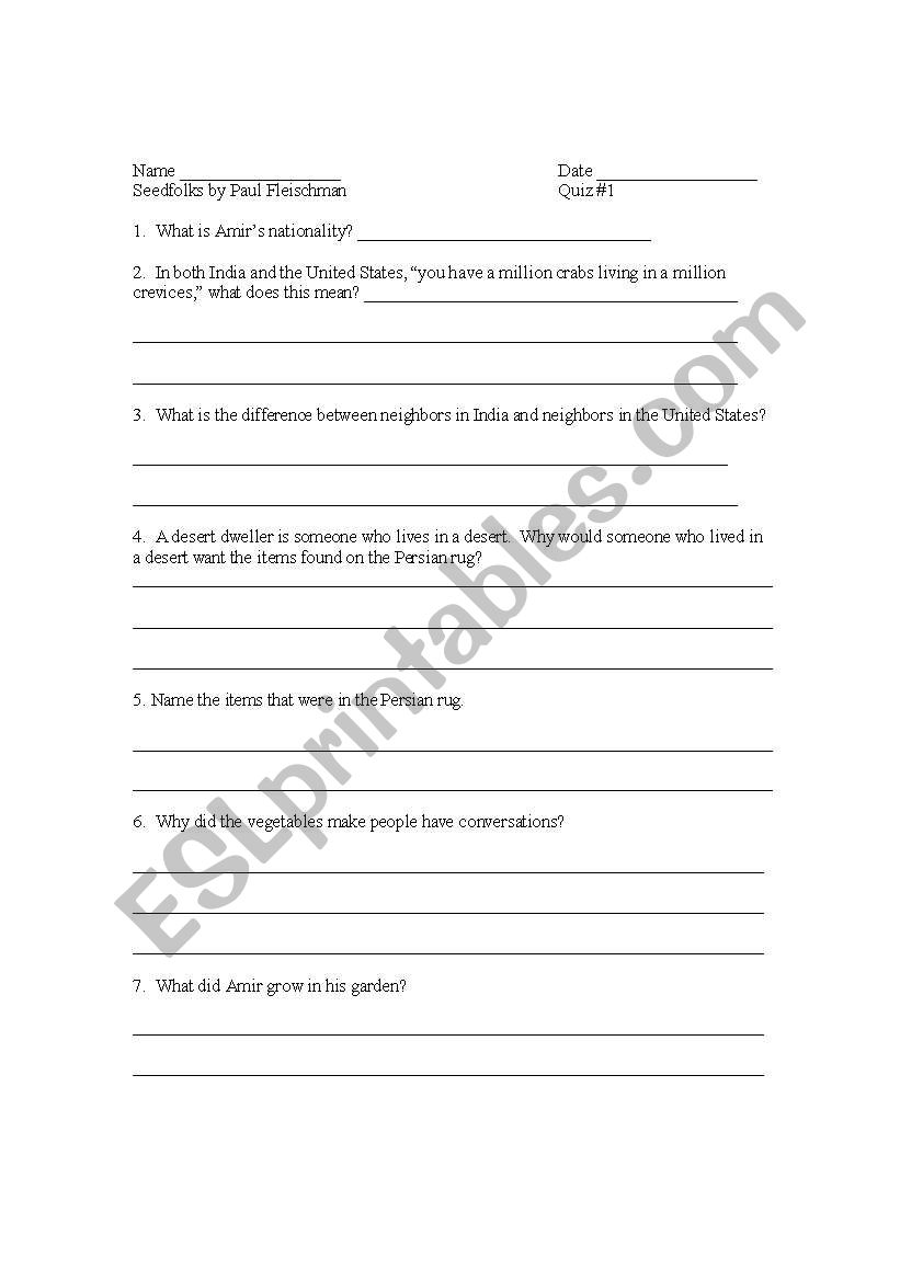 Seedfolks Test worksheet