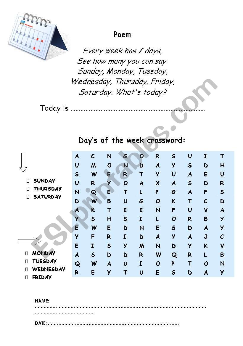 Days of the week crosswords worksheet