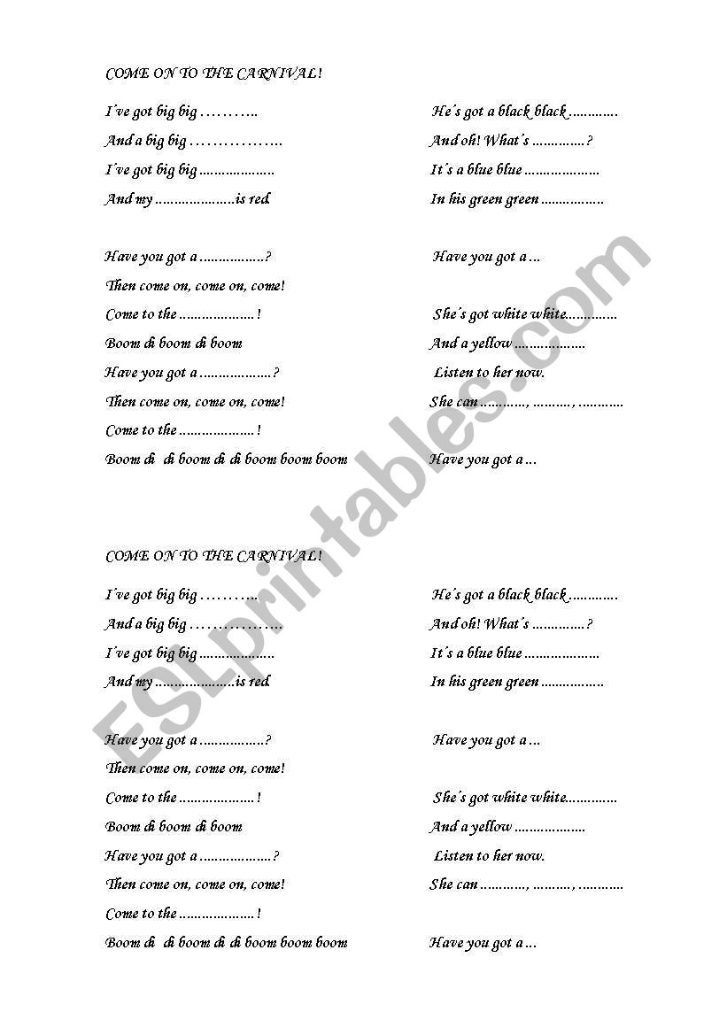 carnival lyrics worksheet