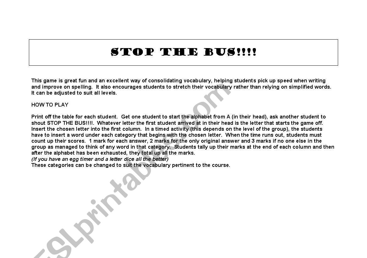 Stop the Bus worksheet