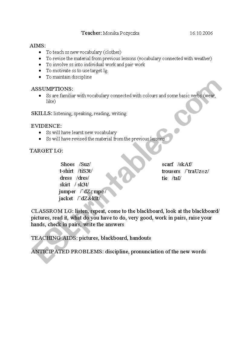 Clothes worksheet