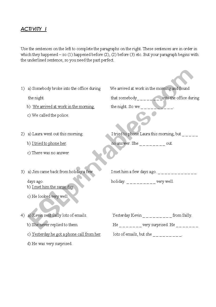 past simple- past perfect worksheet