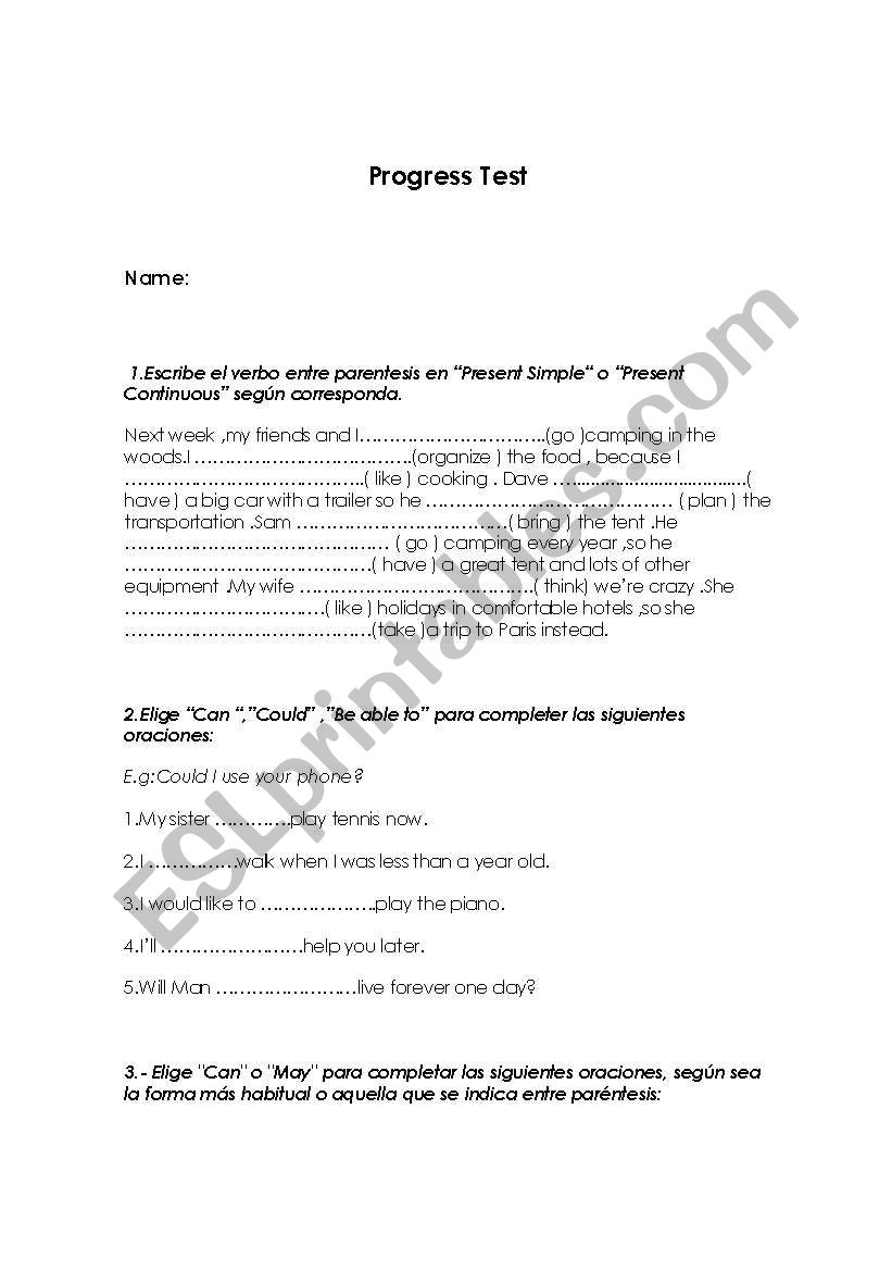 Progress Test worksheet