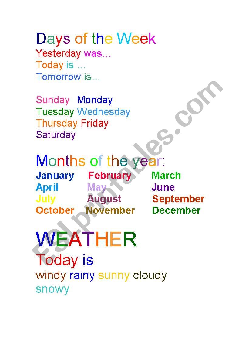Days of the week,months of the year ,weather
