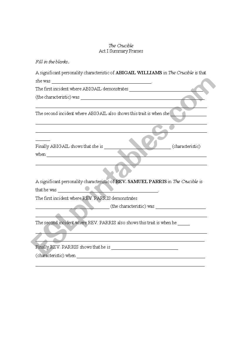 The Crucible Act I Summary Frame