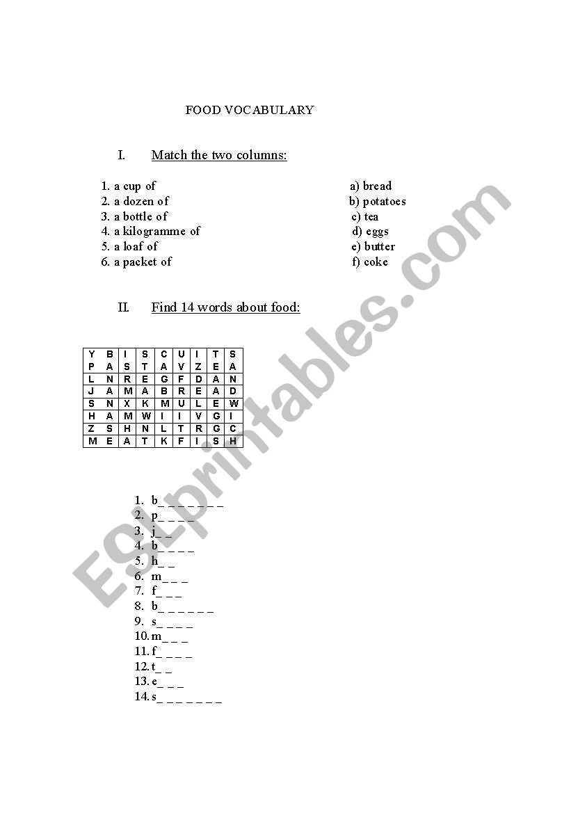 Food vocabulary worksheet