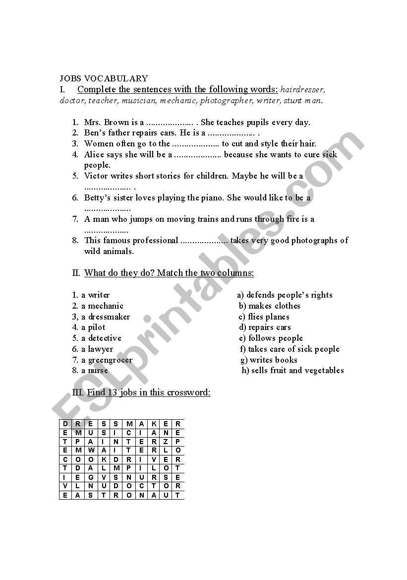 Jobs vocabulary worksheet