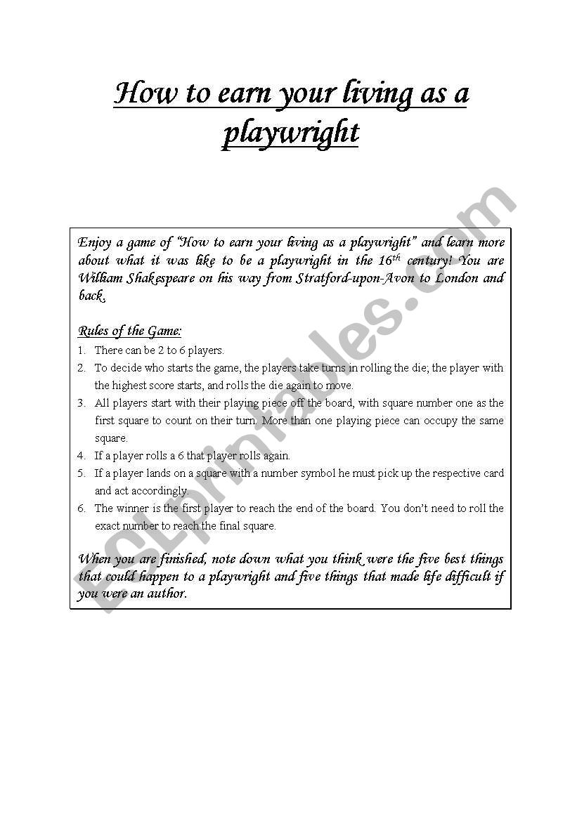 Shakespeare Game - How to earn your living as a playwright