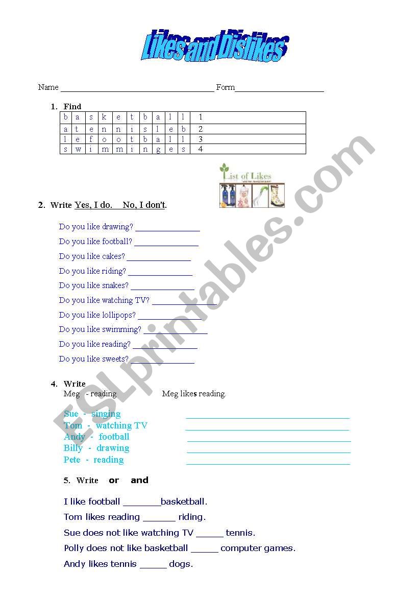Likes and dislikes worksheet
