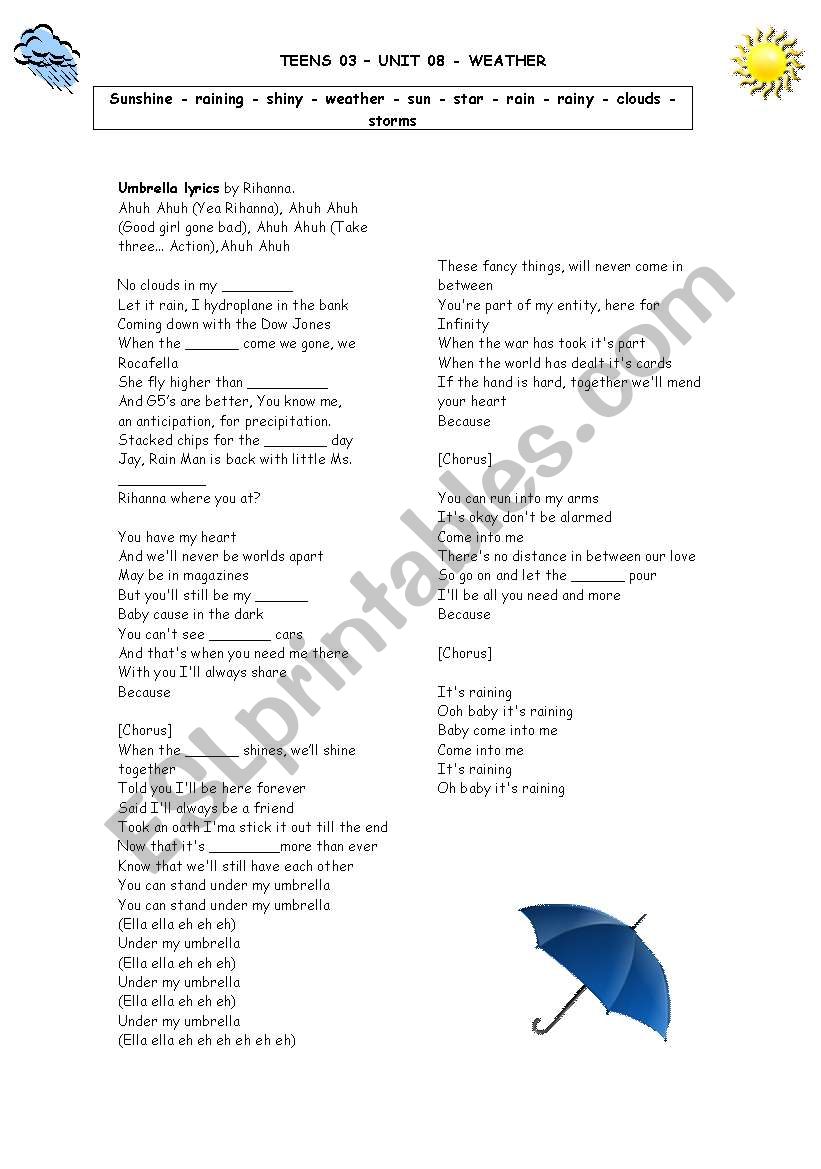 WEATHER - UMBRELLA LYRICS worksheet