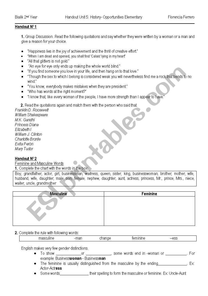 MASCULINE AND FEMENINE worksheet