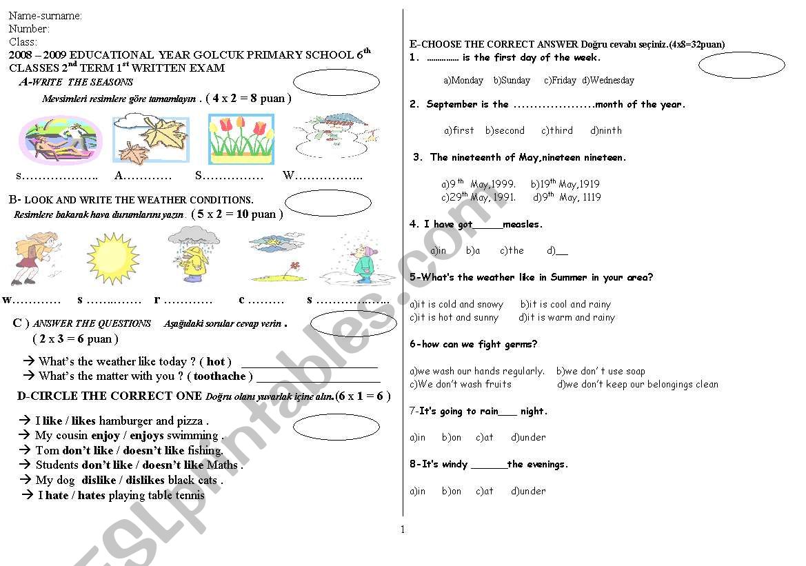 written exam for 6thclasses worksheet