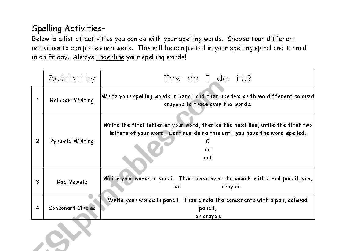 Spelling Activities- worksheet