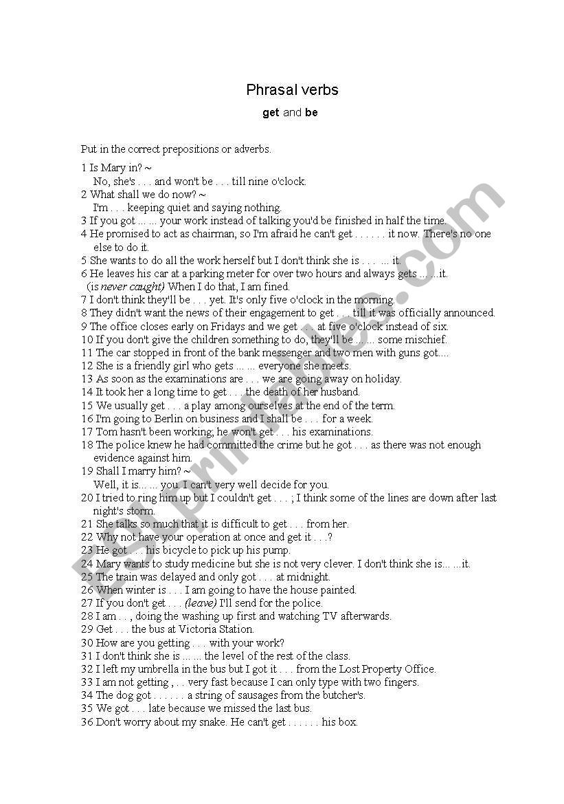 - Phrasal verbs = exercises worksheet