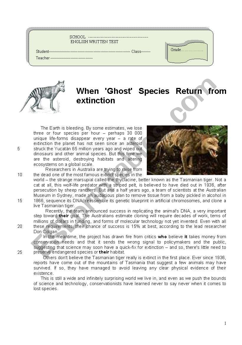 Test on animals in extinction (4 pages)
