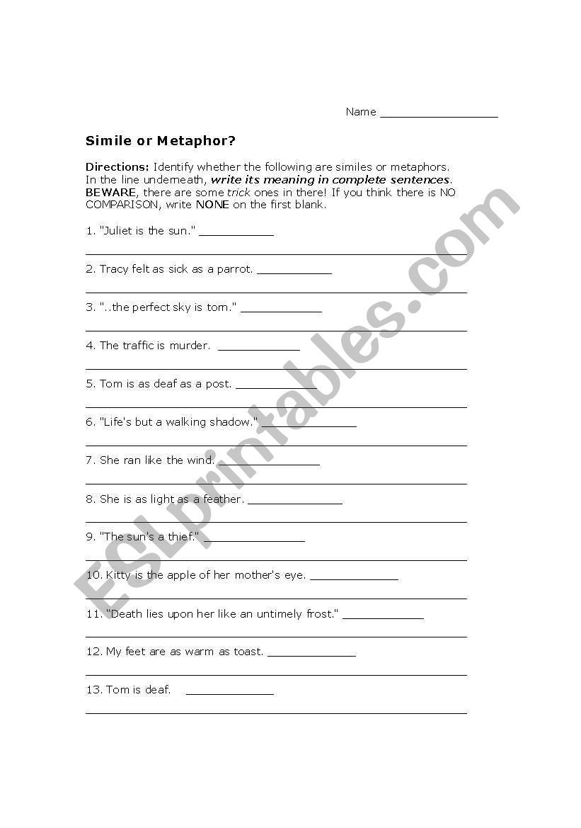 Simile or Metaphor? worksheet