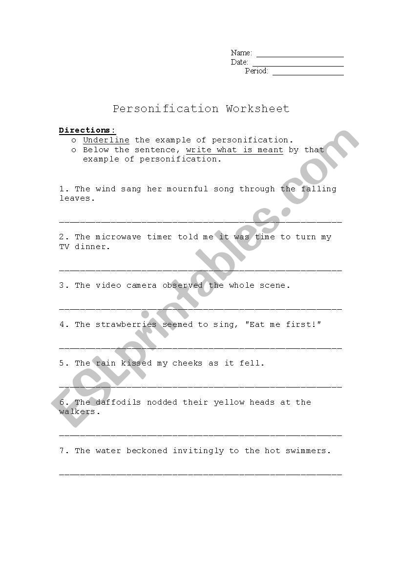 Understanding Personification worksheet