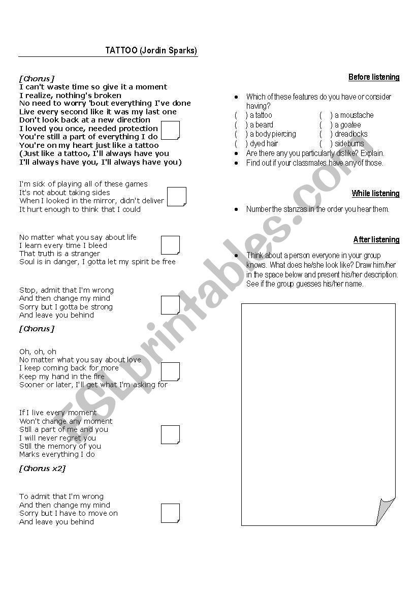 Song Tattoo (Jordin Sparks) worksheet