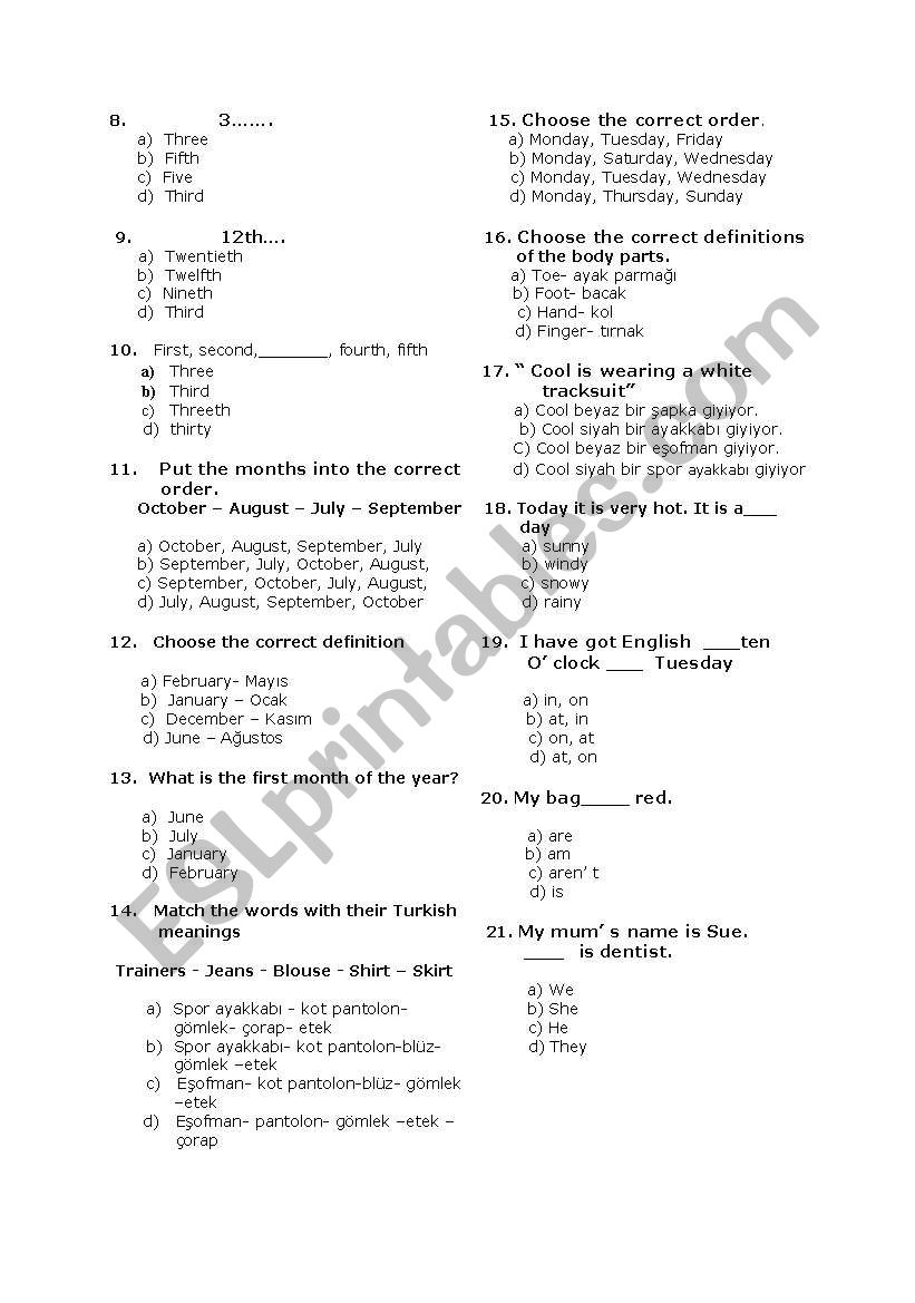 5the garade exam worksheet