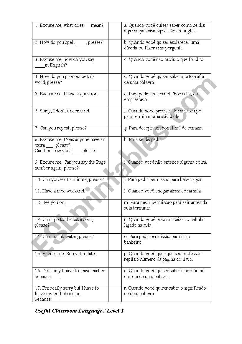 Useful classroom language worksheet