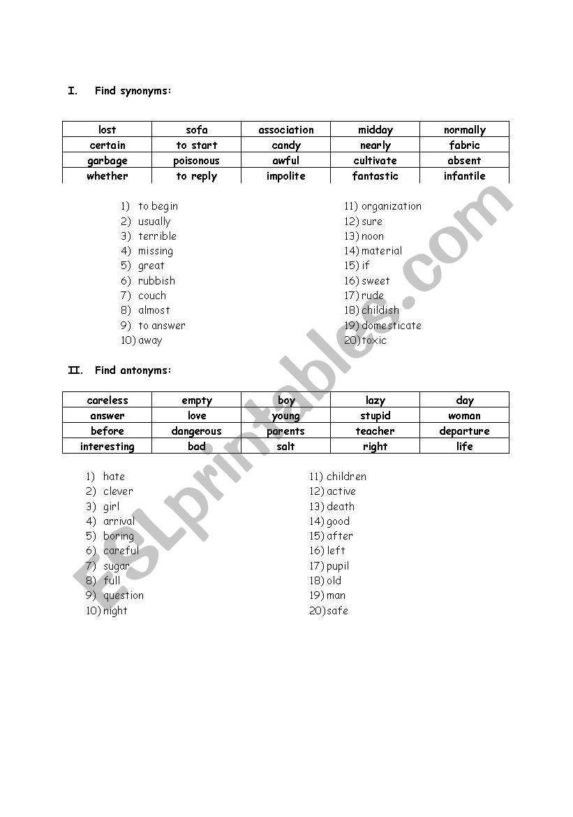 synonyms and antonyms worksheet