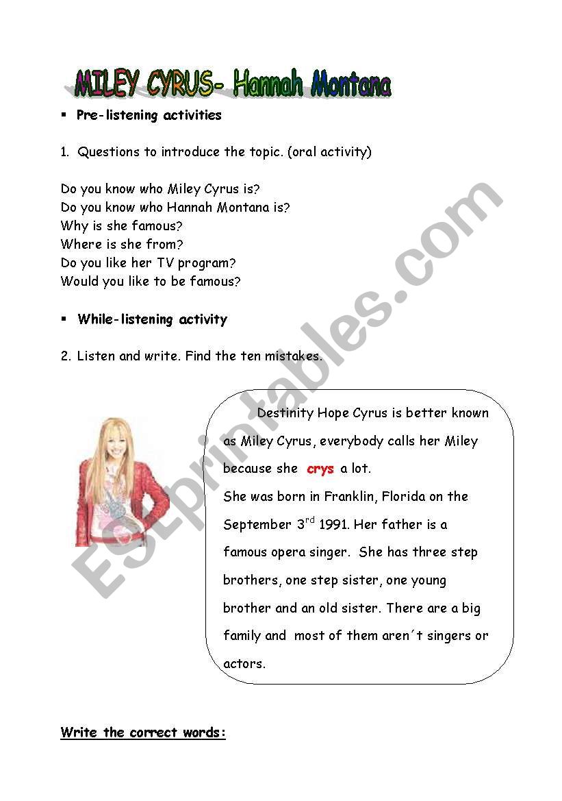 HANNAH MONTANA WORKSHEET (PART 2)