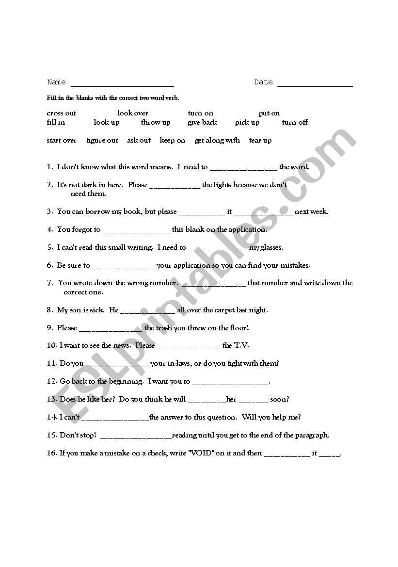 2 Word Verbs worksheet