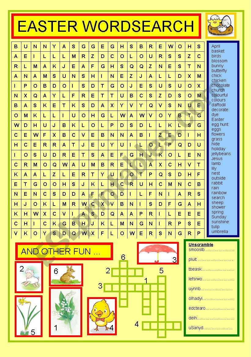 Easter wordsearch, small crossword and unscramble exercise