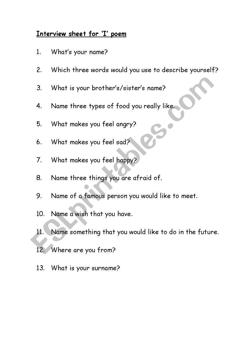 Bio poem worksheet