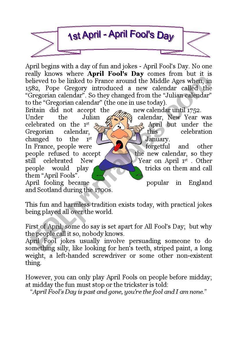 April Fool´s Day Esl Worksheet By Crijus13