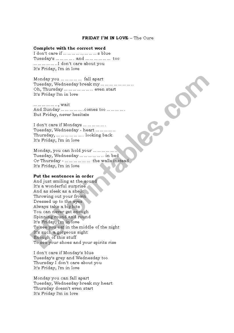 Friday Im in love worksheet